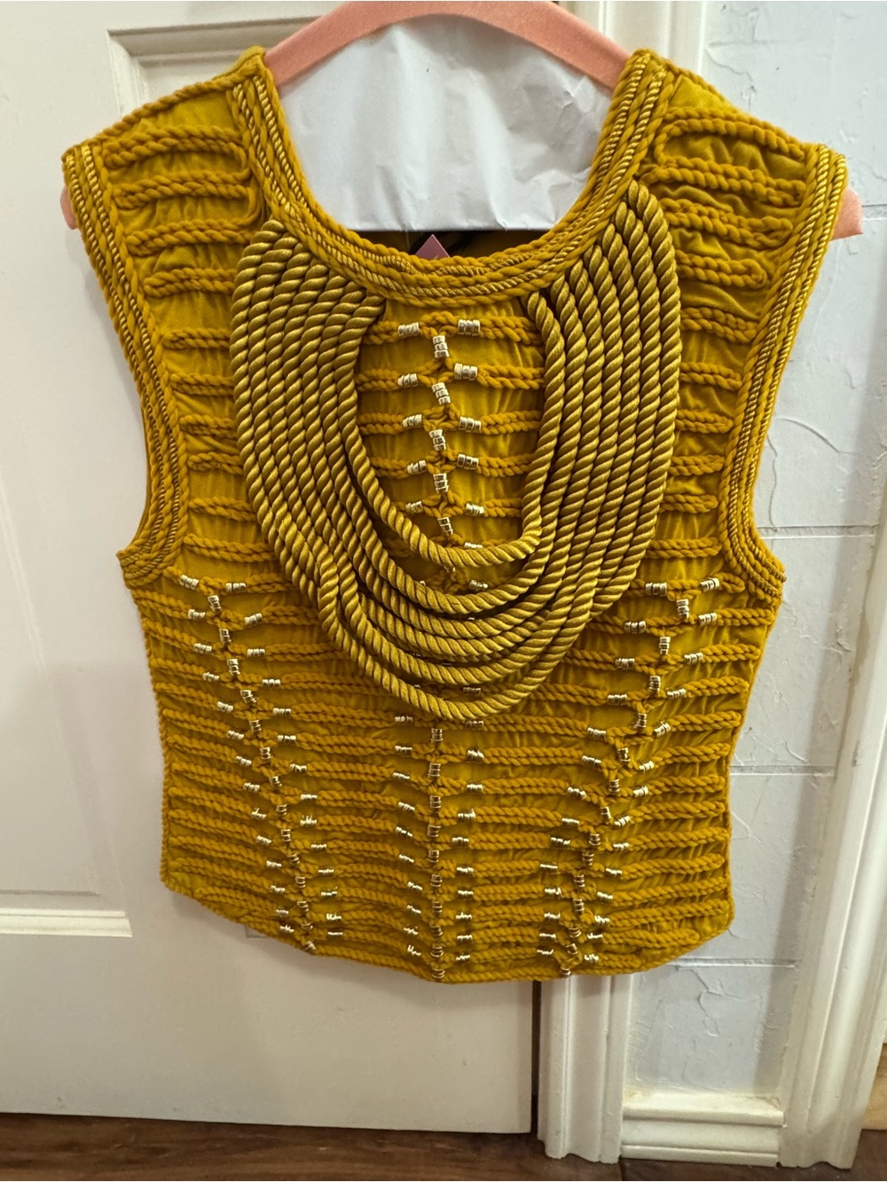 Balmain Mustard Yellow Rope-Embellished Knit Sleeveless Top